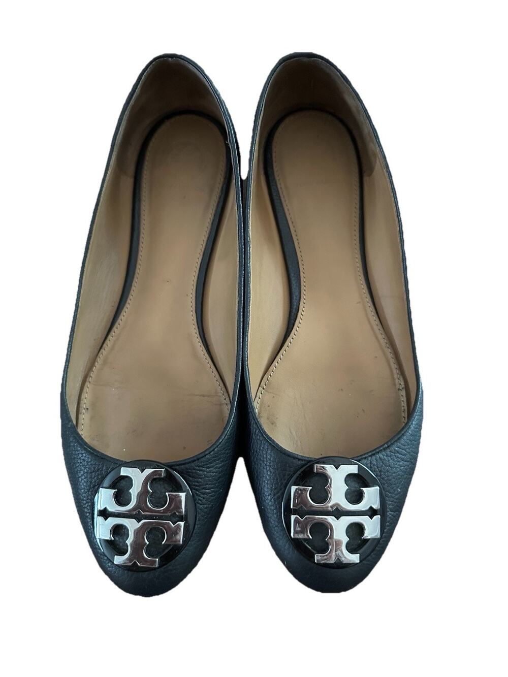 Tory Burch Shoes sz 9 Claire Black Silver Ballet Flats Tumbled Leather GUC